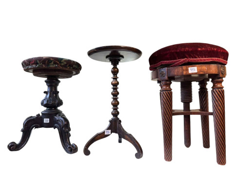 Two revolving piano stools and tripod wine table (3).