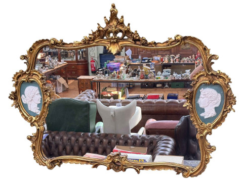 French gilt framed and portrait plaque decorated overmantel mirror, 100cm...