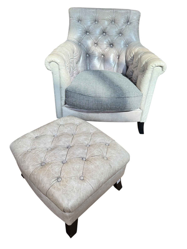 Tetrad Highgrove Cerrato Grey buttoned leather armchair and footstool.