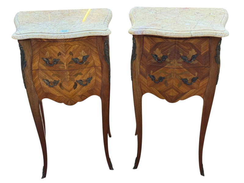 Pair Continental inlaid marble topped two drawer pedestals, 76cm by 44cm by 33cm.