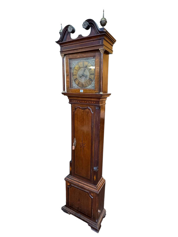 Antique inlaid oak and mahogany eight day longcase clock having square brass dial, signed Laurence Earnshaw, 220cm.