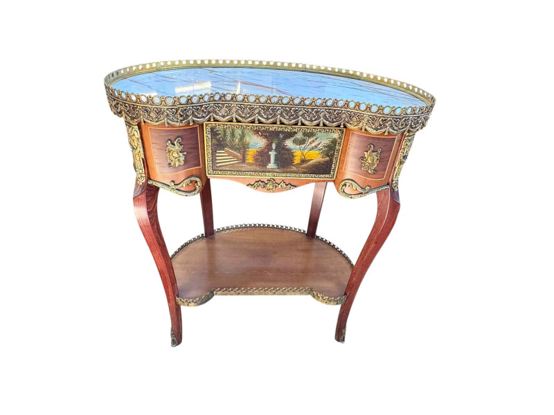 H & L Epstein Ltd French style kidney shaped inset marble top and painted night stand, 71cm by 61cm by 35cm.
