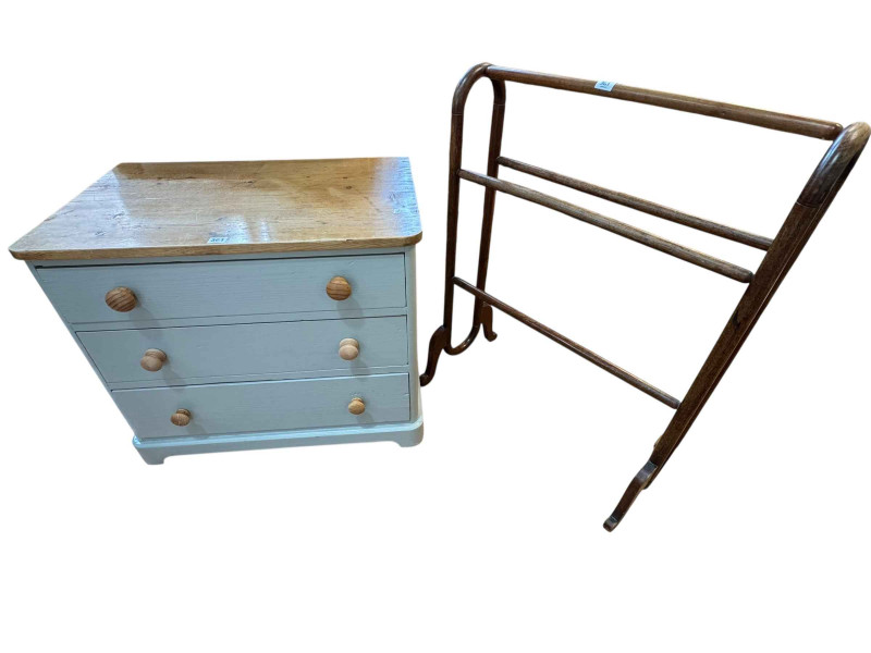 Pine and painted chest of three long drawers, 61cm by 72.5cm by 46cm, together with a four bar towel rail.