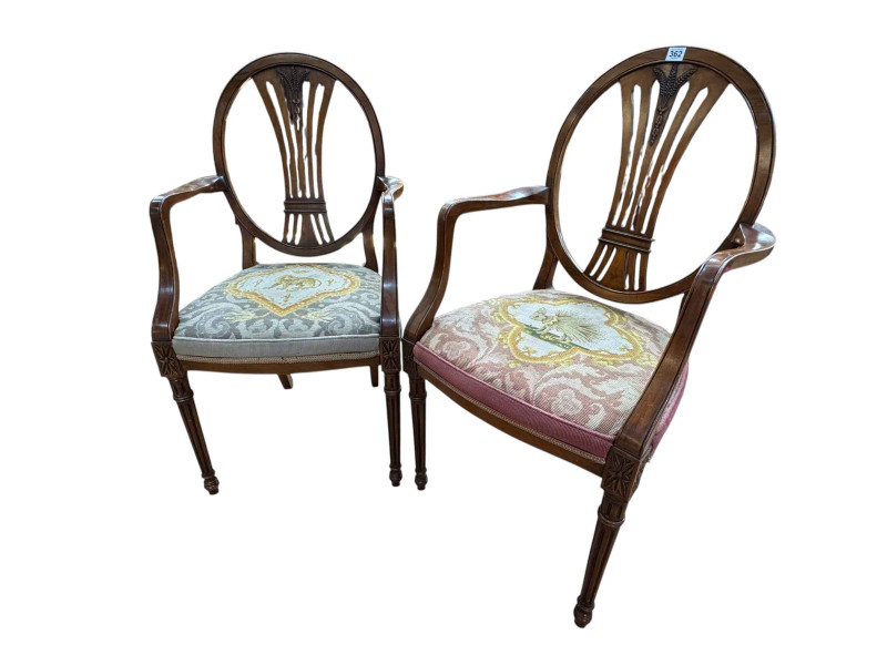 Pair Hepplewhite style tapestry seated elbow chairs.