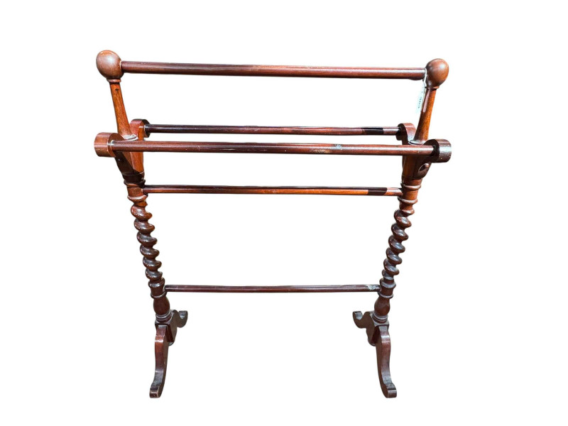 Mahogany five bar towel rail with twist supports, 88cm by 68cm by 32cm.