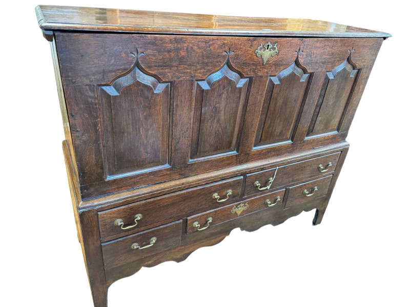 Antique oak mule chest, the arched fielded four panel front above five drawers, 120cm by 146cm by 53cm.