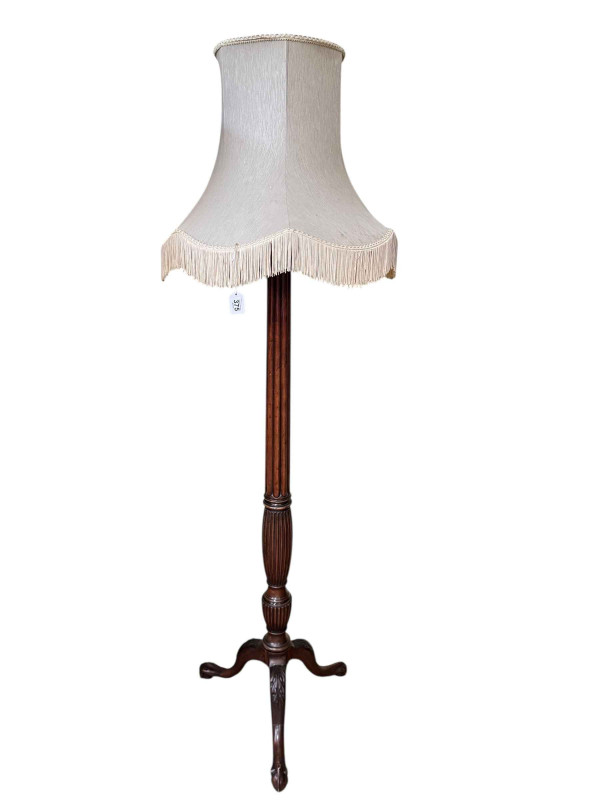 Mahogany fluted and reeded column tripod standard lamp and shade.