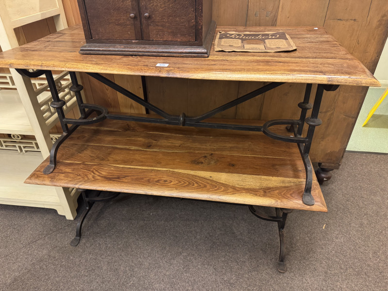 Pair elm two tone painted four tier, two drawer free standing shelf units, 150.5cm by 99.5cm by 40cm, along with pair hardwood and wrought iron based low tables, 45cm by 110cm by 61cm.