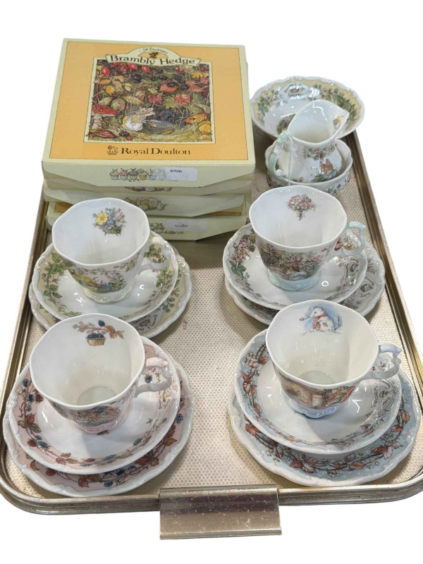 Four Brambly Hedge 'Seasons' trios, four boxed plates, jug and two bowls.
