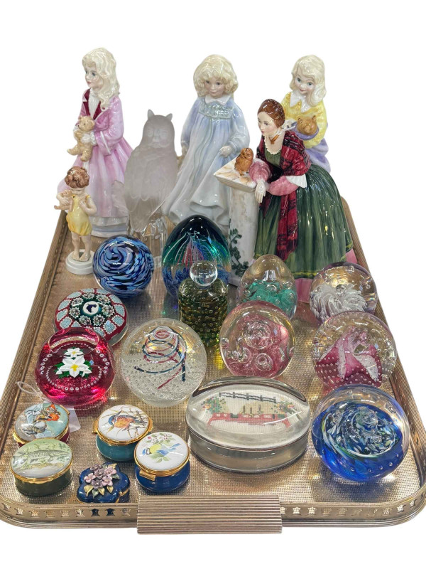 Four Royal Doulton ladies, Faith, Hope, Charity and Florence Nightingale, Goebel glass Owl, two Crummies pill boxes and three others, and collection of paperweights.