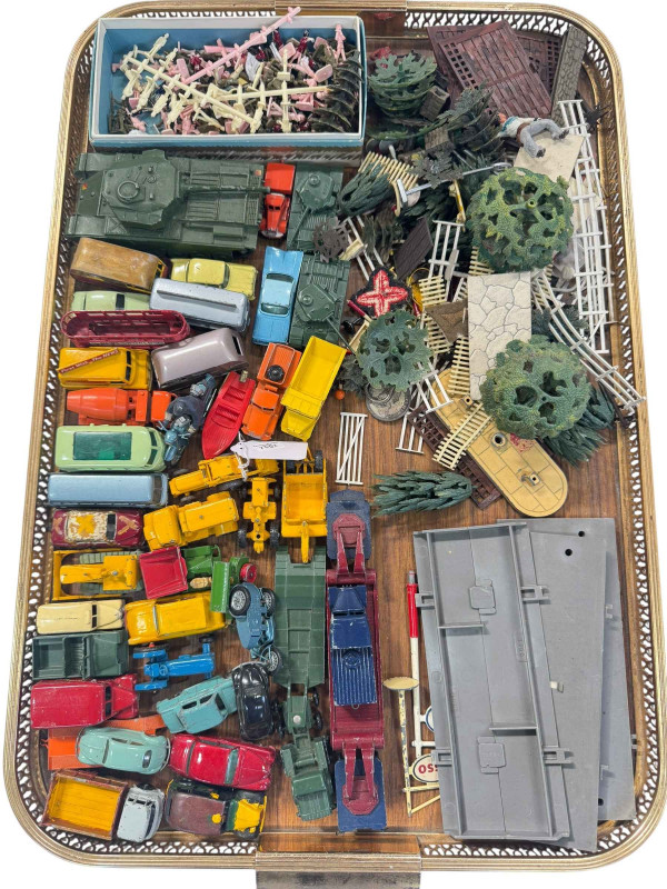 Collection of Lesney model vehicles, Dinky Centurion tank, farmyard accessories, etc.