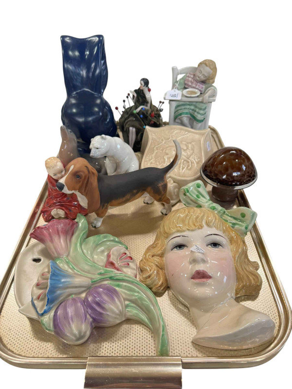 Sylvac rabbit, Clarice Cliff and other wall vases, Goldscheider plaque, figure pin cushion, Lladro Polar Bear, Royal Copenhagen Seal, Beswick Basset, etc.