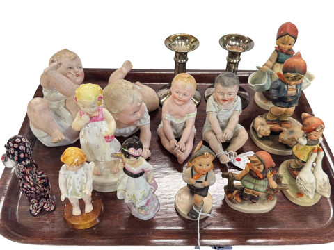 Two bisque piano babies, two bisque children, three Royal Worcester figures,...