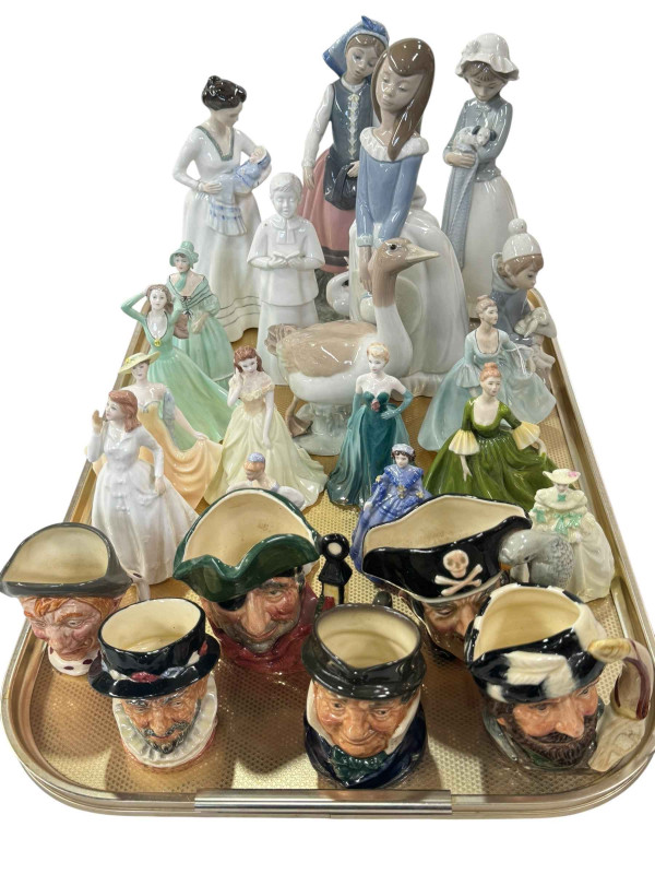 Collection of Lladro, Nao, Coalport and Doulton figures and six Doulton character jugs.