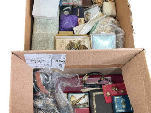 Collection of costume jewellery, wristwatches, badges, etc.