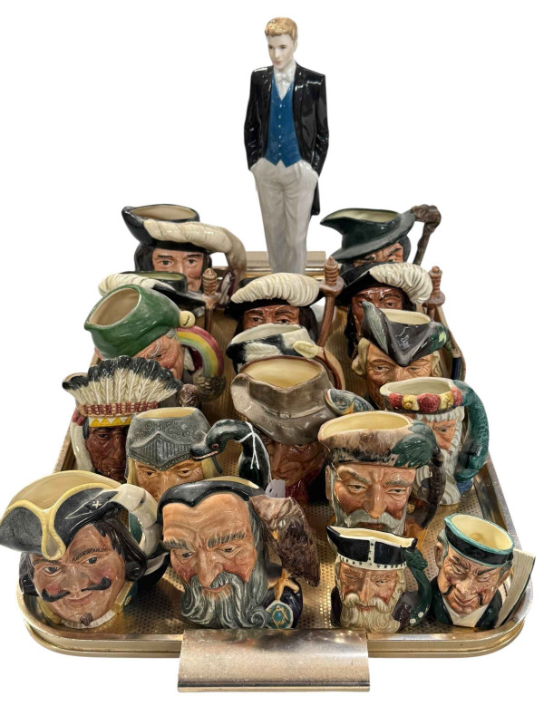 Coalport Prince William figure and collection of Small Royal Doulton character jugs.