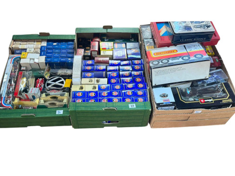 Three boxes of model vehicles including Oxford diecast, Matchbox Models...