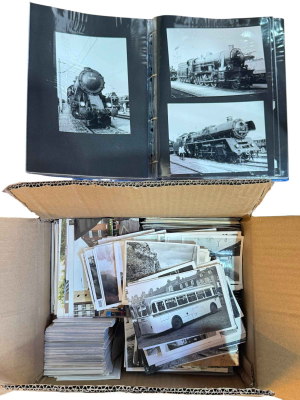 Collection of bus and steam engine photographs.