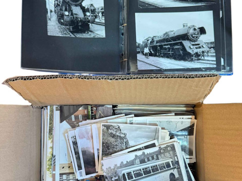 Collection of bus and steam engine photographs.