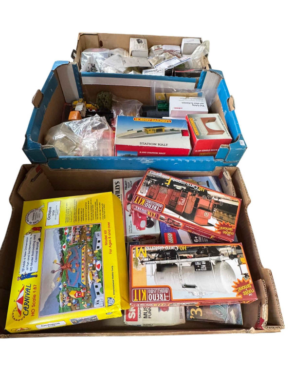 Four boxes of model railway and model boat accessories, model kits, etc.