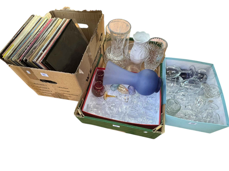 Box of LP records and three boxes of glass.