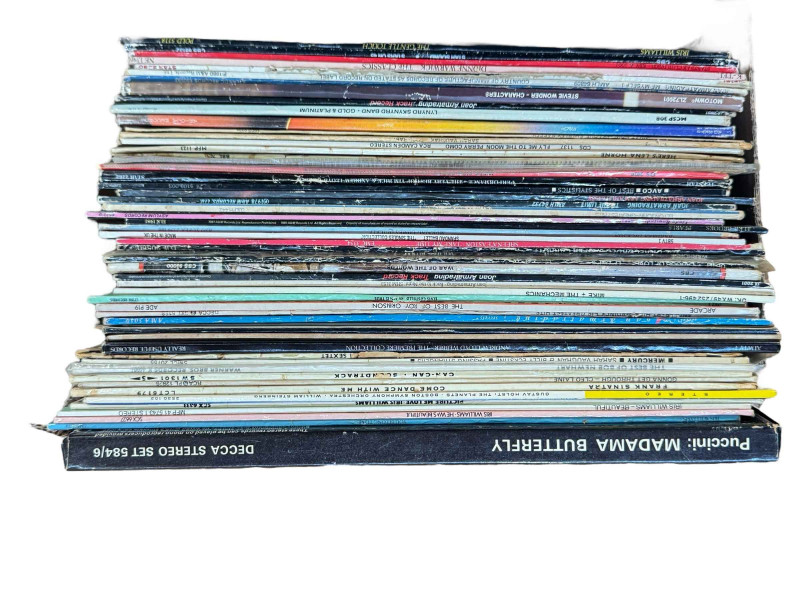 Box of LP records and three boxes of glass.