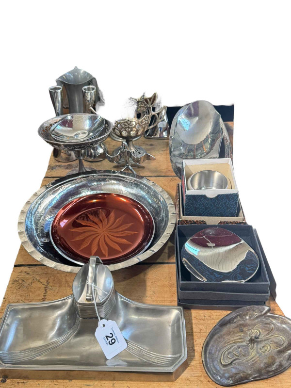 Art Nouveau style inkwell, silver plated wares, etc.