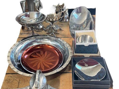 Art Nouveau style inkwell, silver plated wares, etc.