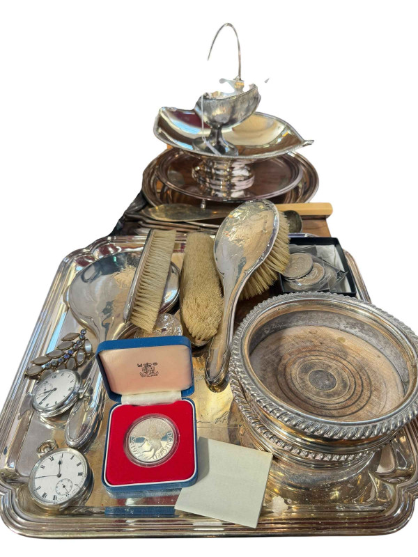 Silver mounted vanity set, Royal Mint silver Crown, two pocket watches, other metalwares, etc.
