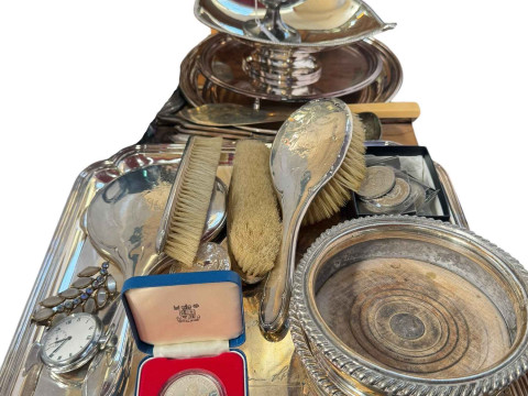 Silver mounted vanity set, Royal Mint silver Crown, two pocket watches,...