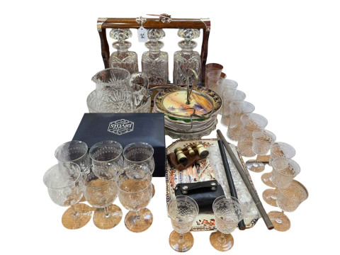 Oak three bottle tantalus, enamel opera glasses, Stuart Crystal, decorative...
