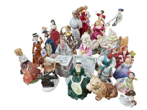 Collection of figurines including Royal Doulton, Sylvac, Murano, etc.
