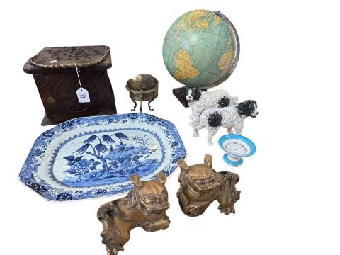 Dutch 18th Century carriage heater, pair of Foo dogs, globe, antique blue...