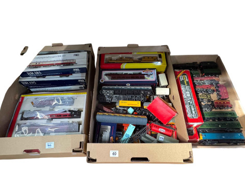 Three boxes of railway carriages, train models, etc, including Bachmann,...