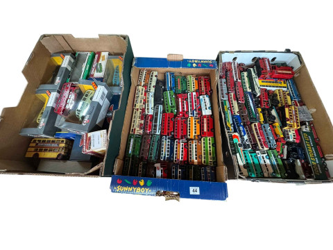 Three boxes of diecast bus models including Corgi, etc.