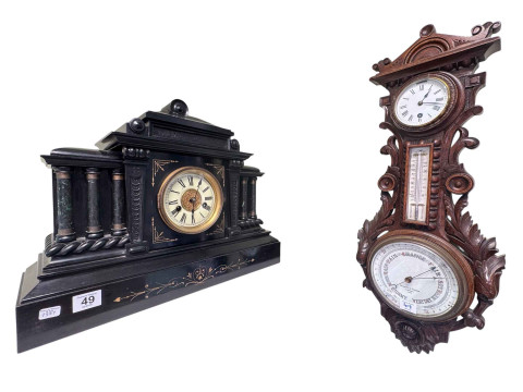 Victorian black and gilt painted mantel clock and carved oak clock-barometer.