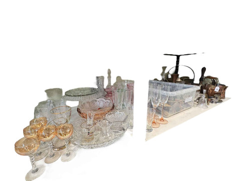 Collection of metalwares, souvenir spoons, glass, etc.