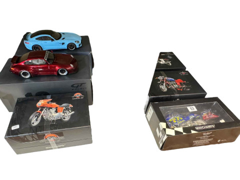 Four Minichamps motorcycle models (one signed) and two GT Spirit models.