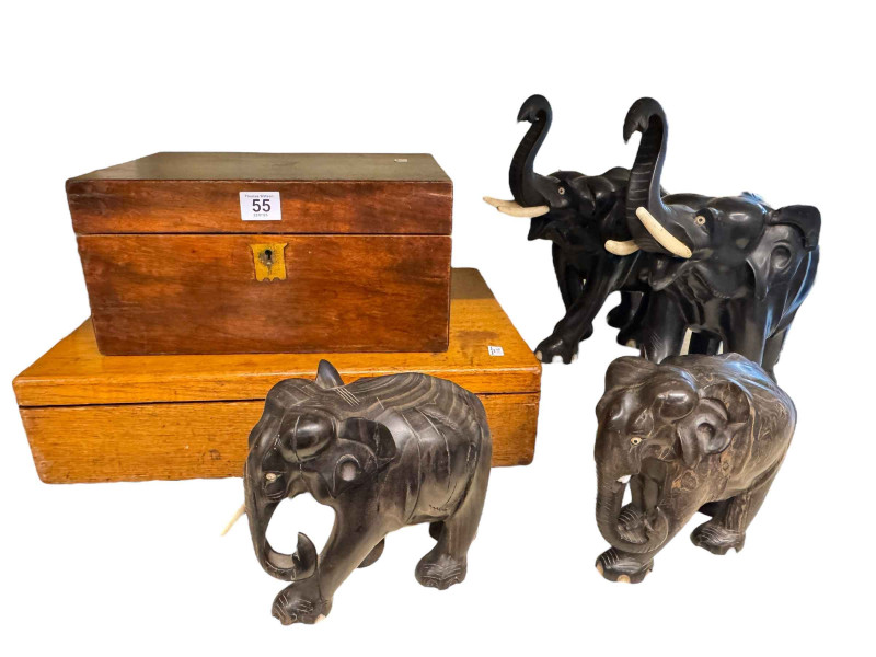Two pairs of ebony elephants, Victorian writing box and an empty canteen of cutlery box.