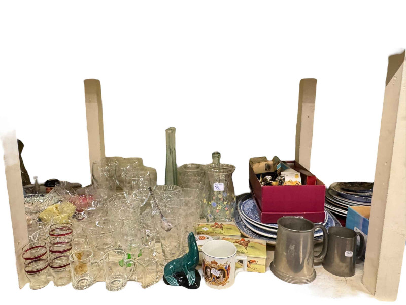 Collection of Piggin Pigs, horsebrasses, glass, prints, brass slipper box, etc.
