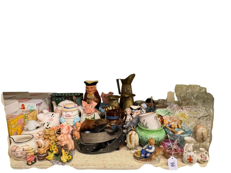 Collection of Piggin Pigs, horsebrasses, glass, prints, brass slipper box, etc.