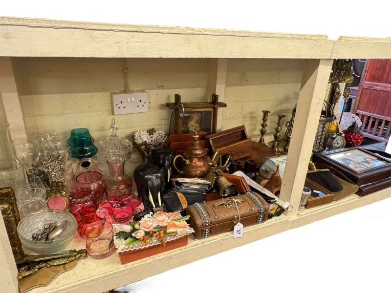 Two WWI medals to W. Lisle, Cranberry glass, fans, metalwares, prints, etc.