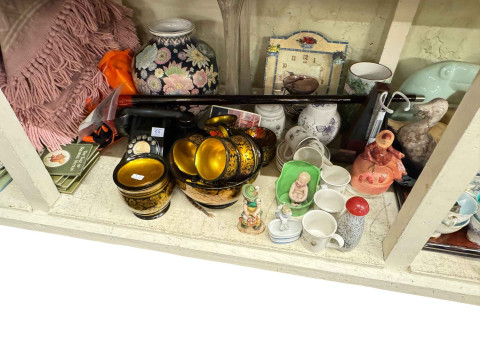 Large collection of decorative pottery, books, glass petal vase, carved table, etc. thumbnail