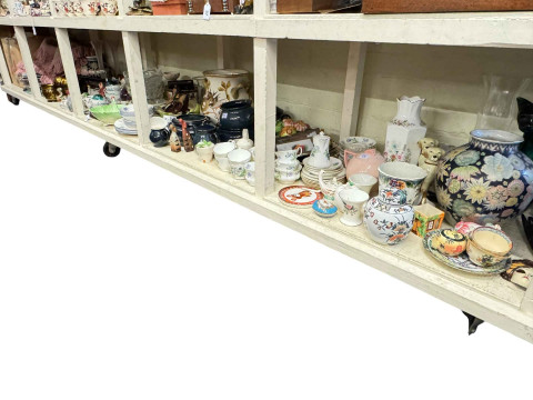 Large collection of decorative pottery, books, glass petal vase, carved...