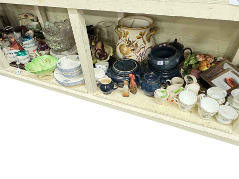 Large collection of decorative pottery, books, glass petal vase, carved table, etc. thumbnail