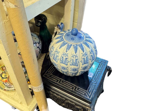 Large collection of decorative pottery, books, glass petal vase, carved table, etc. thumbnail