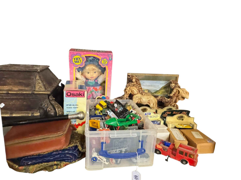Collection of diecast toy vehicles, vintage teddy bears, costume jewellery, etc.