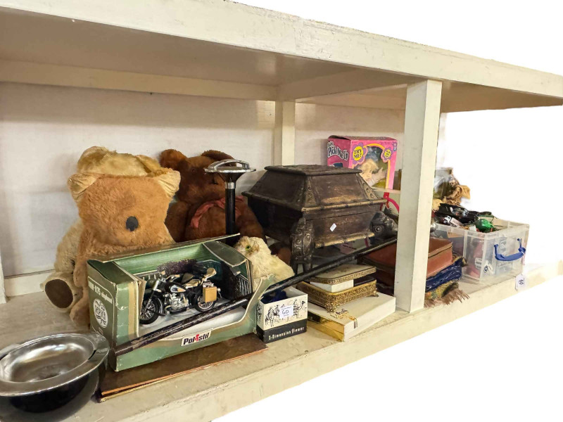 Collection of diecast toy vehicles, vintage teddy bears, costume jewellery, etc.