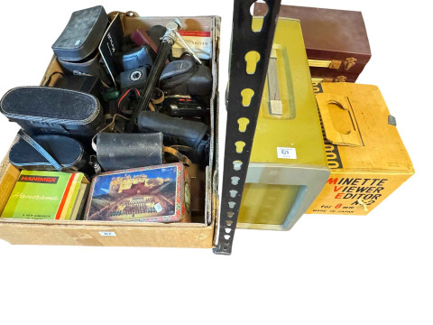 Collection of binoculars, cameras, projector, slides, etc.