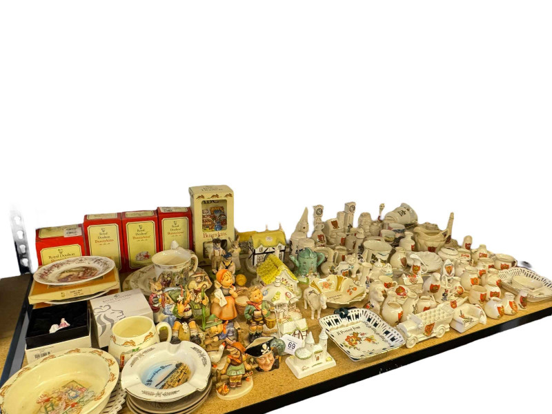 Collection of Royal Doulton Bunnykins figurines, Hummel, Coalport cottages, crested china, etc.